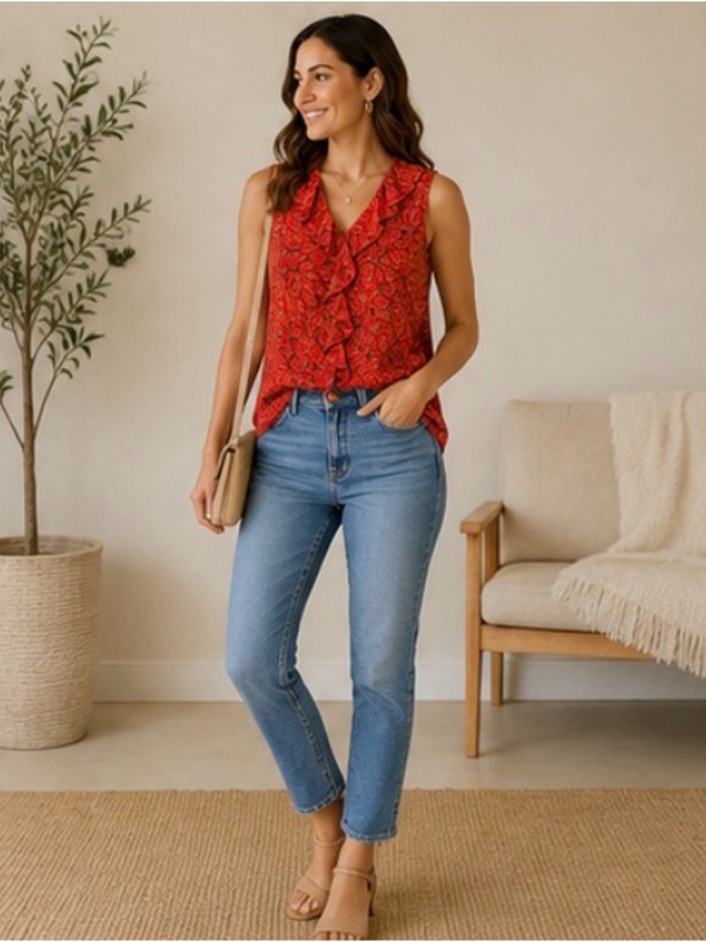 434 Gaharu Red Orange Leaf Print Ruffle Sleeveless Blouse Top Medium